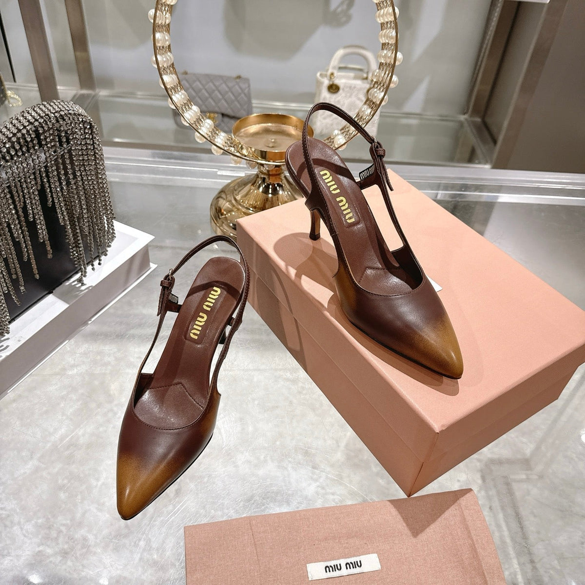 Miu 26 High Heel Slingback 75 Camel Brown Cowhide 592083