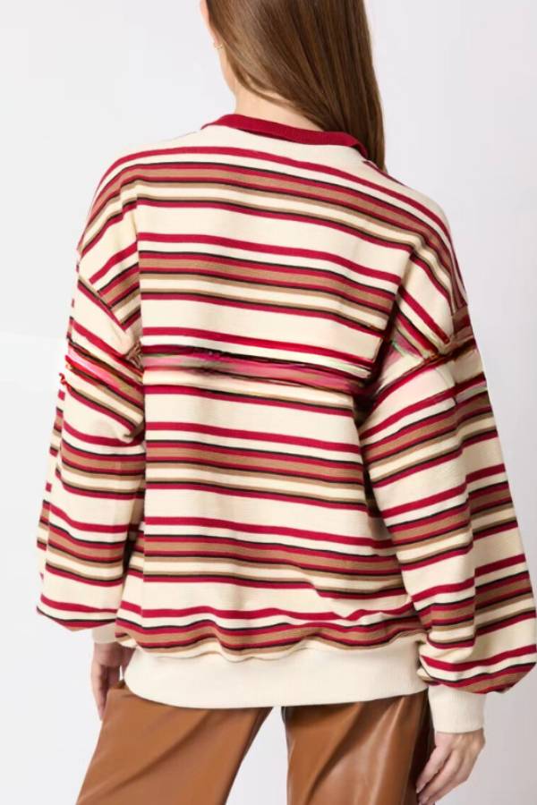 Striped Lapel Long-sleeved Top Loose Casual Sweatshirt