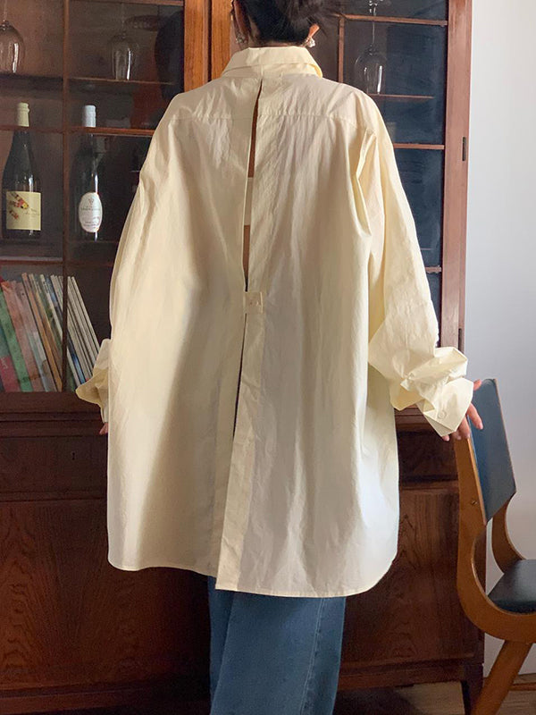 Long Sleeves Loose Buttoned Hollow Pleated Solid Color Split-Joint Lapel Blouses&Shirts Tops