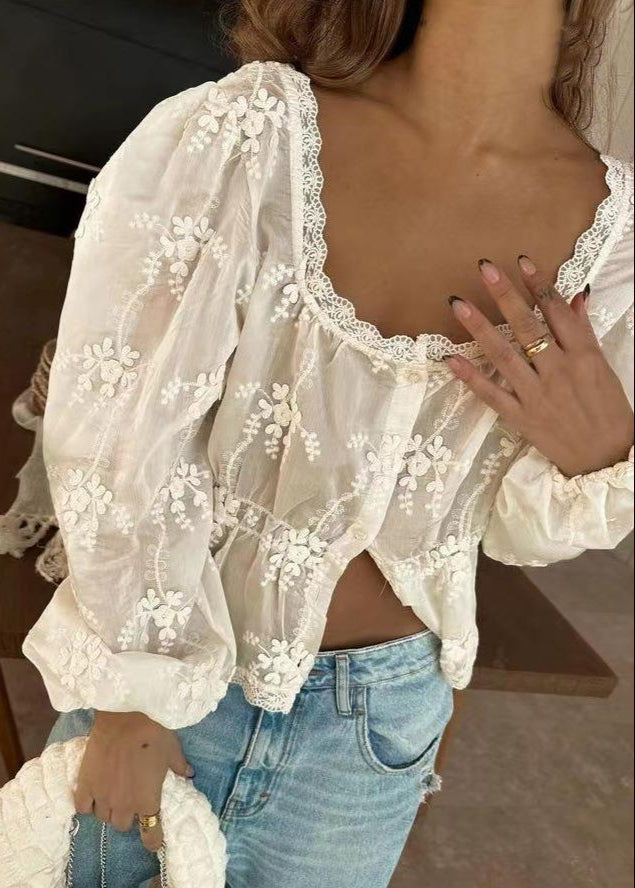 Embroidered Lace Peplum Blouse Lightweight White