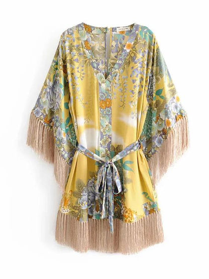 Bohemia V-Neck Printed Tasseled Beach Mini Dress