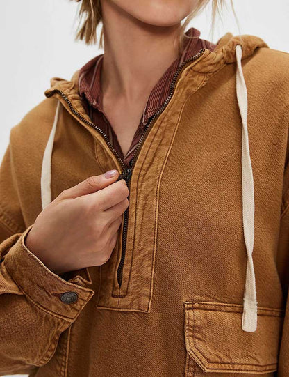 Casual Washed Denim Long Sleeve Hoodie