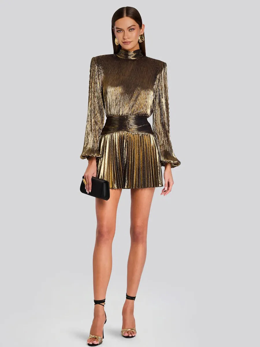Hazel Pleated Mini Dress In Gold