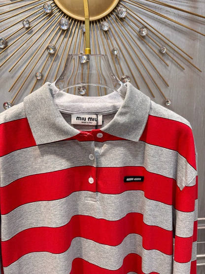 Miumiu 2026 Striped Polo Shirt Red and Grey Cotton
