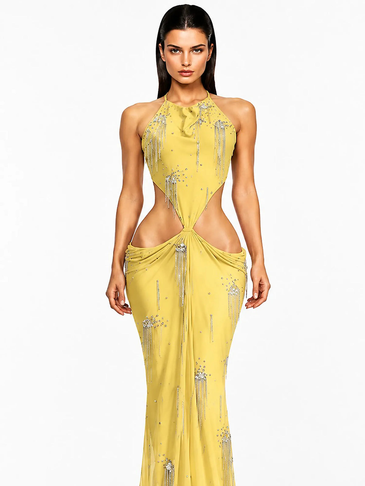 Sabrina Pleated Cut-Out Metallic Tassel Maxi Dress In Yellow