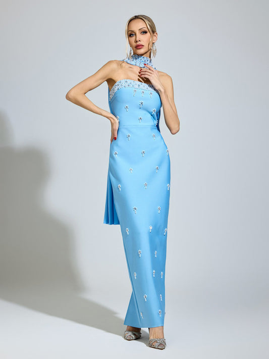 Saskia Strapless Rhinestone Satin Maxi Dress