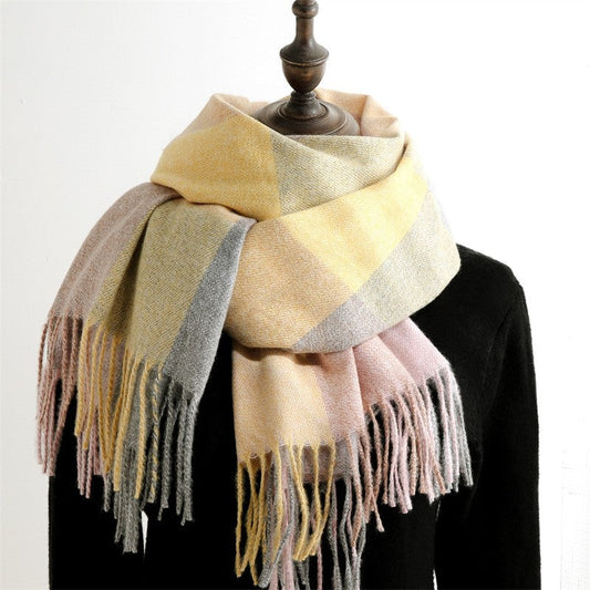 Color Block Plaid Fringe Scarf