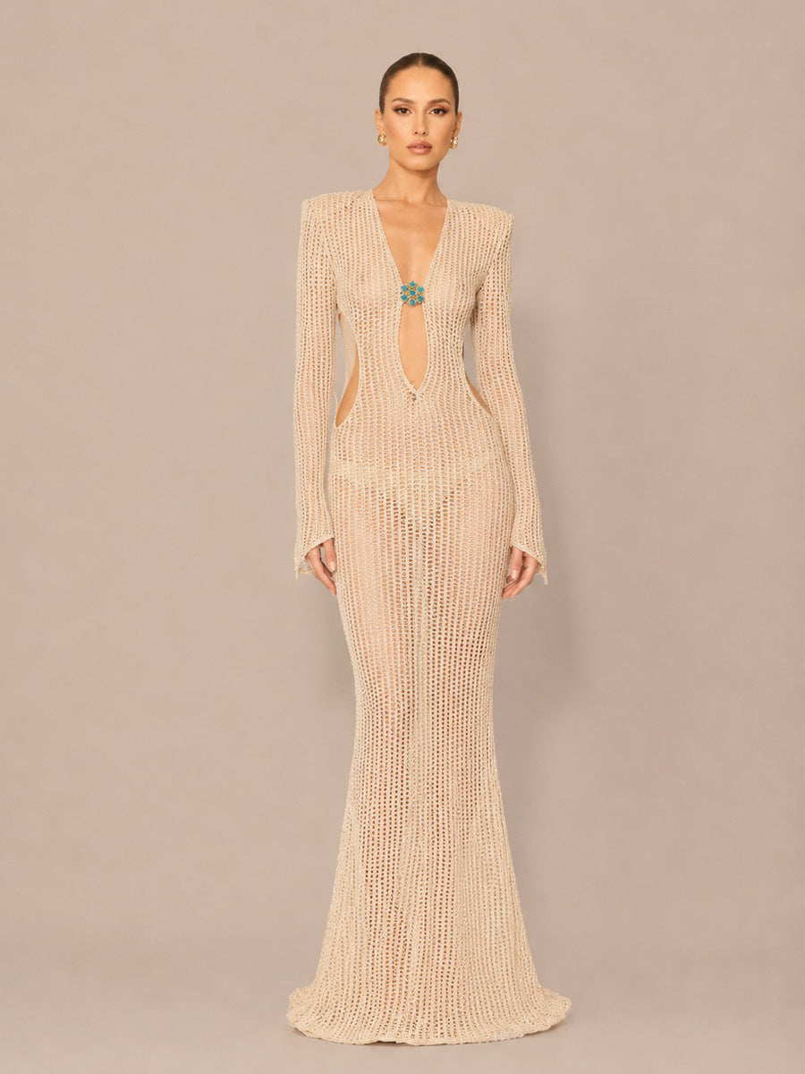 Carolina Sexy Cut-Out Long-Sleeve Knit Maxi Dress
