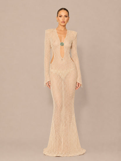 Carolina Sexy Cut-Out Long-Sleeve Knit Maxi Dress