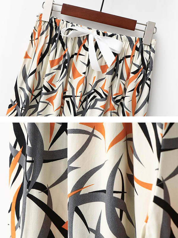 Casual Loose Seven-Quarter Sleeves V-Neck Shirts& Printed Pants Pajama Sets
