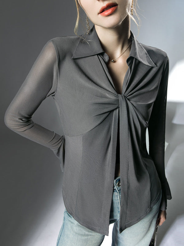 Long Sleeves Ruffle Sleeves Knot Solid Color Lapel Blouses&Shirts Tops