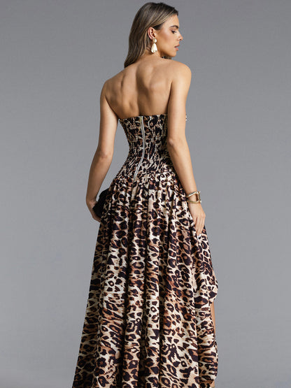 Harper Strapless Pleated Leopard Print Maxi Dress