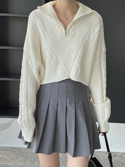 Simple Batwing Sleeves Long Sleeves Jacquard Solid Color Lapel Collar Sweater Tops