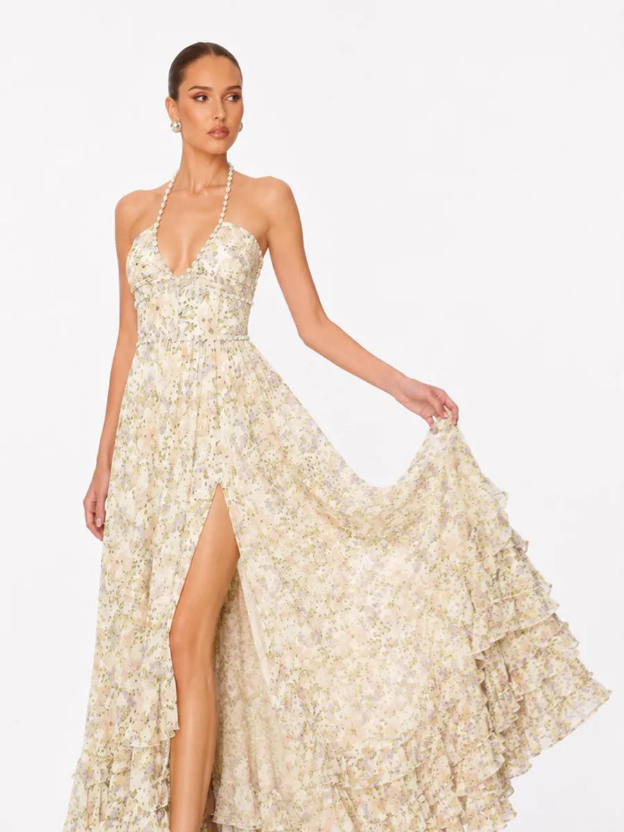 Anika Pearl-Embellished Halter-Neck Ruffled Slit Maxi Dress