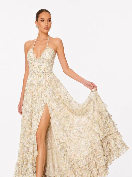 Anika Pearl-Embellished Halter-Neck Ruffled Slit Maxi Dress