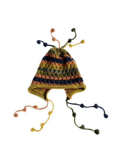 Haila - Colorful Earflap Knitted Beanie with Pompoms