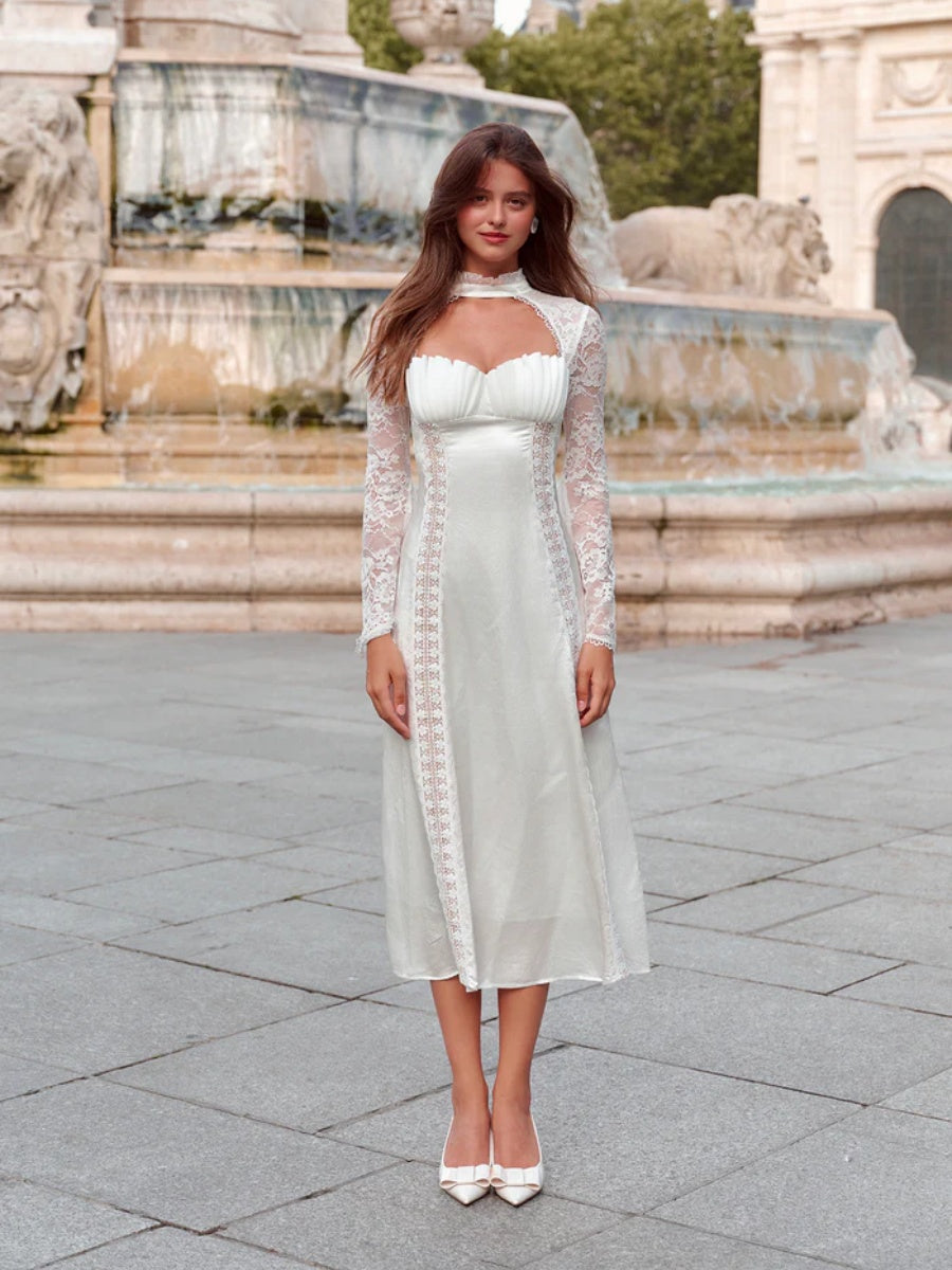 Elara Lace & Satin Victorian-Inspired Midi Dress