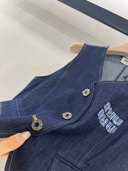 MIUMIU V-NECK BLAZER AND WIDE-LEG PANTS IN BLUE DENIM