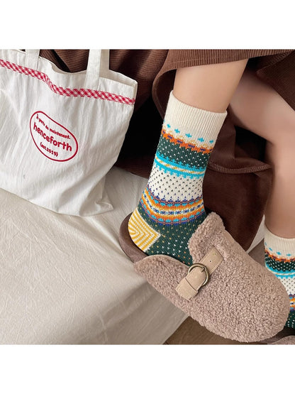 Rufia - Retro Checkered Knit Crew Socks for Winter