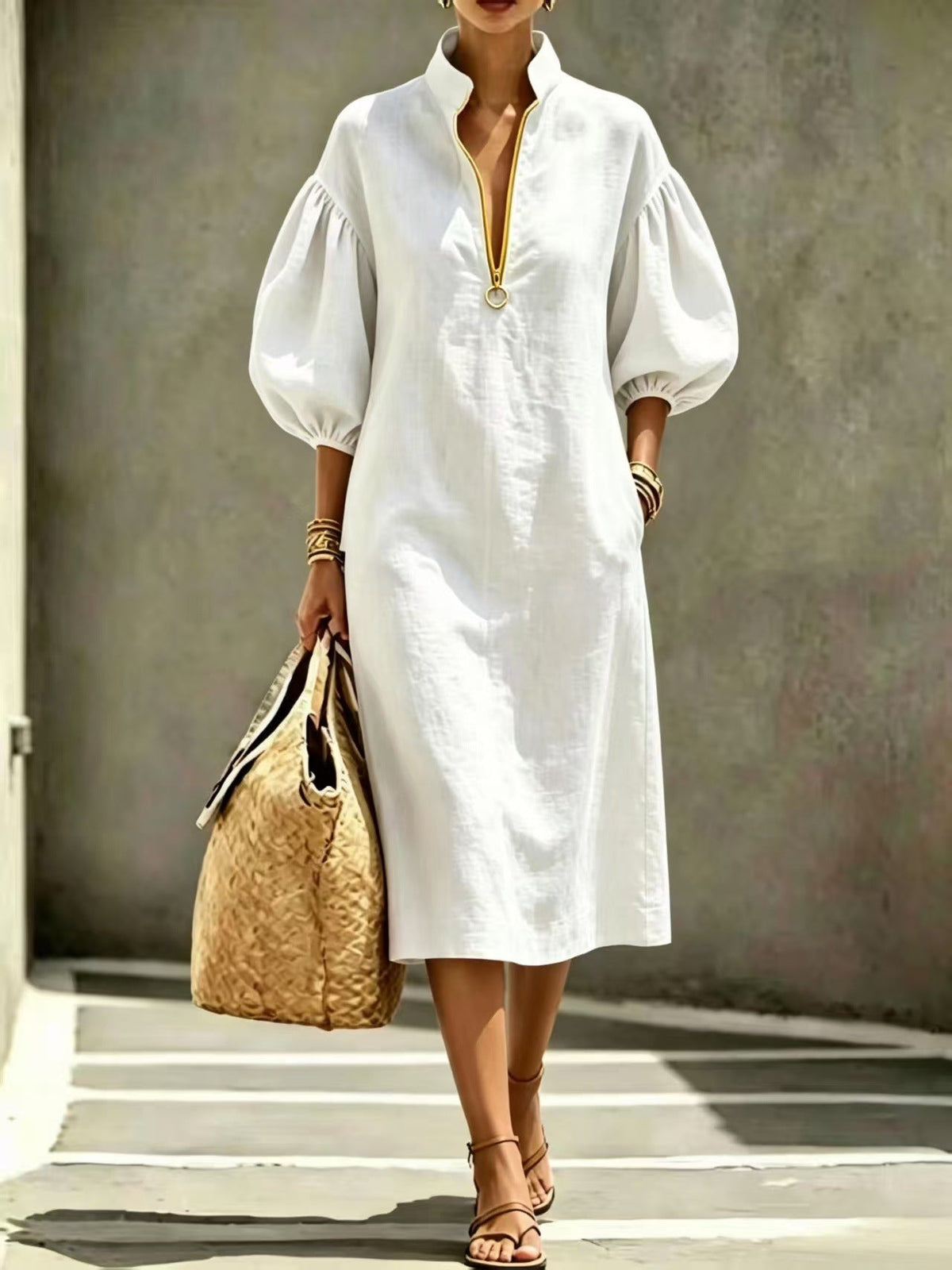 Stand Collar Half Zip Puff Sleeve Linen Blend Midi Dress, Loose Pocket Casual Vacation Long Dress
