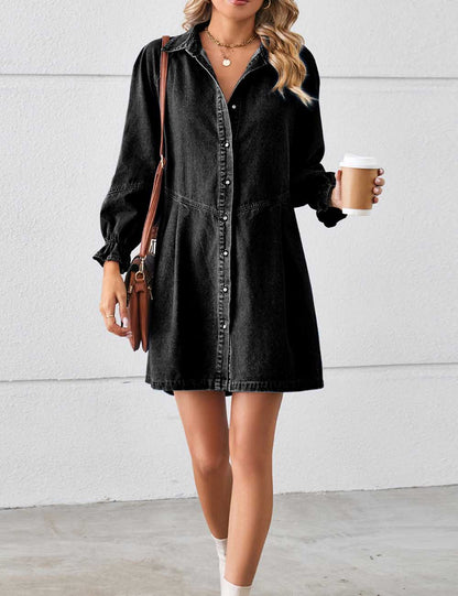 Denim Splice Washed Long Sleeve Midi Dress
