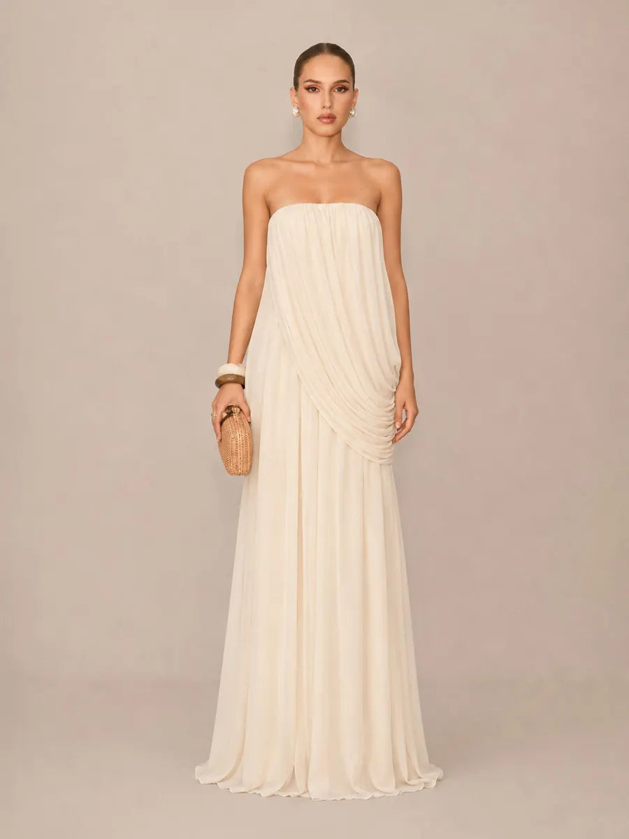 Leandra Ruched Tulle Strapless Maxi Dress
