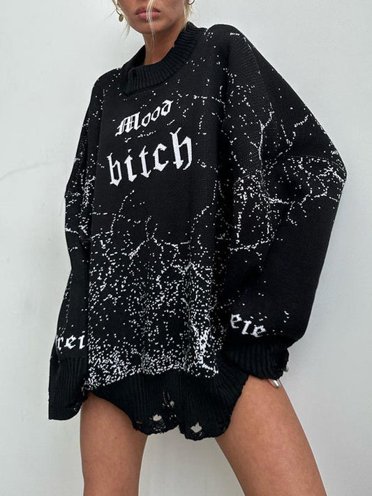 Long Sleeves Loose Hollow Knitted Letters Round-Neck Knitwear Pullovers Sweater Tops