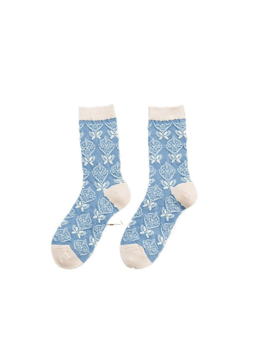 Rufia - Retro Blue Floral Mid-Calf Socks - Classic &amp; Elegant