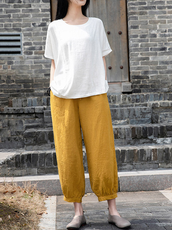Simple Linen Solid Color Elasticity Waist Loose Knickerbockers&Capri-Pants