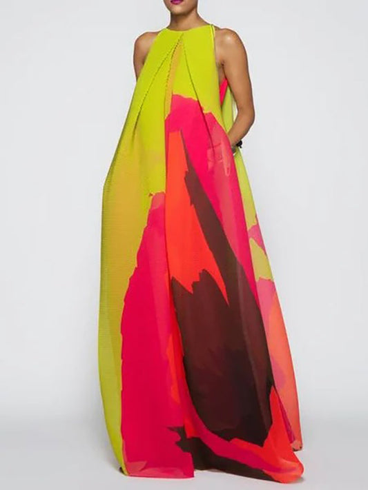 Loose Sleeveless Multi-Colored Printed Round-neck Maxi Dresses