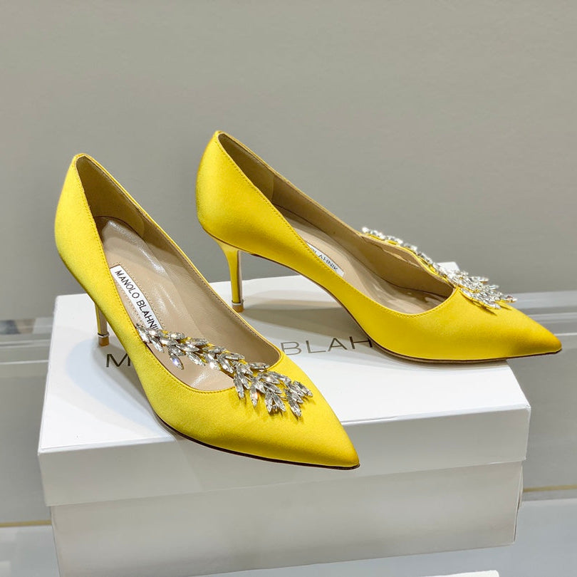 Manolo Women's Nadira Pumps 70 Yellow Satin