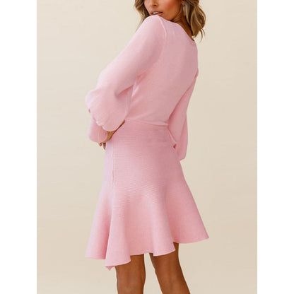 Puff Sleeves Wrap Solid Color Round-Neck Mini Dresses
