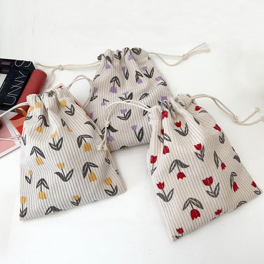 Cosbai - Floral Corduroy Drawstring Pouch