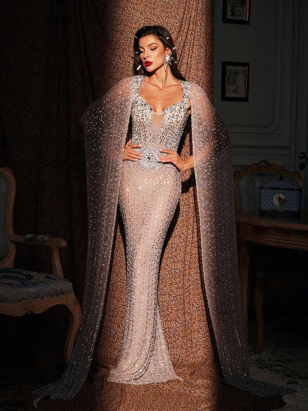 Chiara Rhinestone Cape Maxi Dress