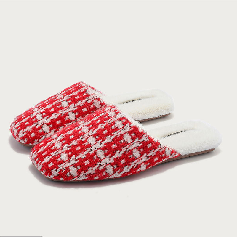 Elegant Color Block Plaid Plush Indoor Slippers