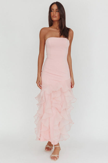 Kioto Strapless Organza Trim Maxi Dress Blush
