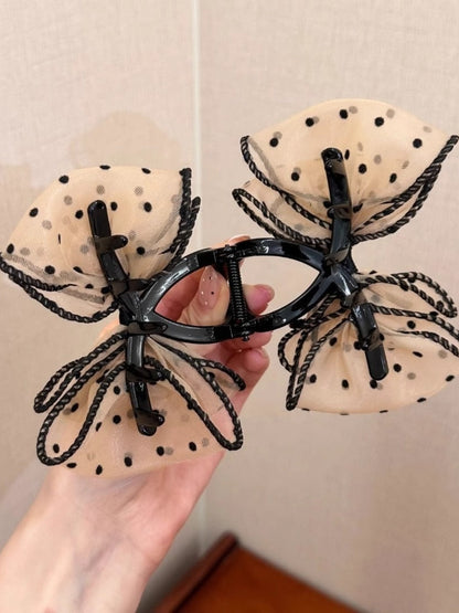 Clio - Dark-Tone Tulle Polka Dot Bow Hair Claw