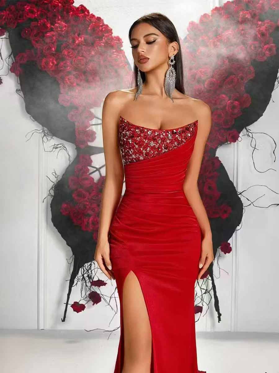 Eliza High Slit Maxi Dress In Red