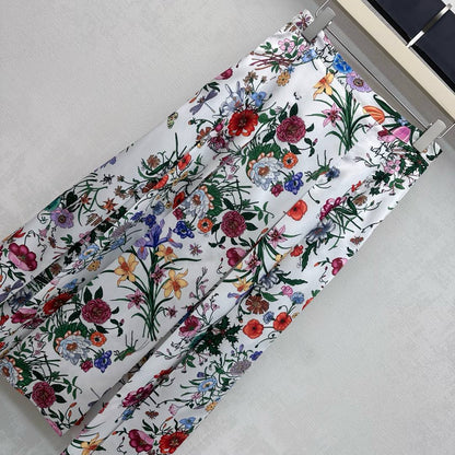 GG SS26 Flora Printed Pleated Midi Skirt White Multicolor Silk 351787