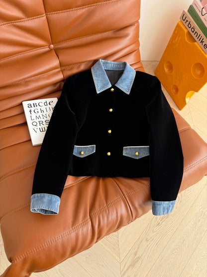 Celine 25 Denim Patchwork Velvet Jacket Black Blue
