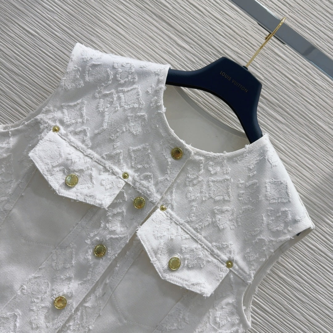LV 25S Monograw Jacquard Fabric Vest Jacket White Cotton