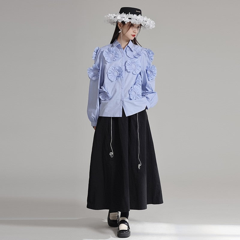 Cotton Long Sleeve Shirt With 3D Floral Embroidery