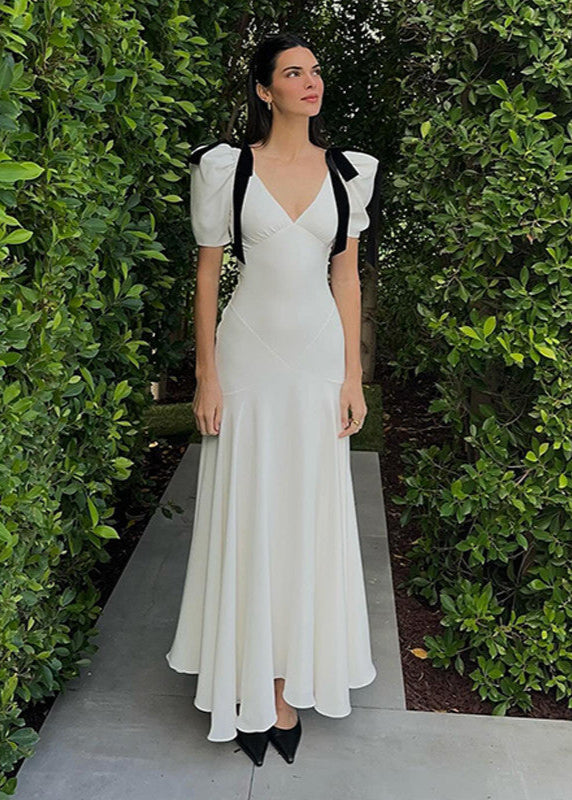 Puff Sleeve Satin Maxi Dress with Velvet Bows