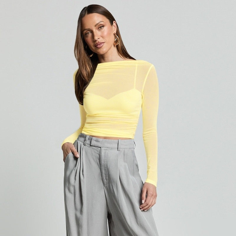 Mesh Ruffle Long Sleeve Tee