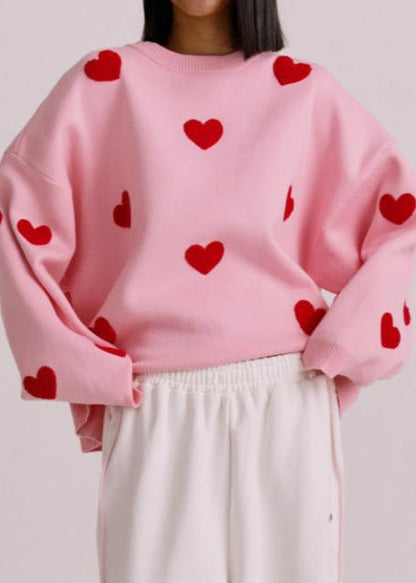 Cozy Knit Sweater With Embroidered Hearts