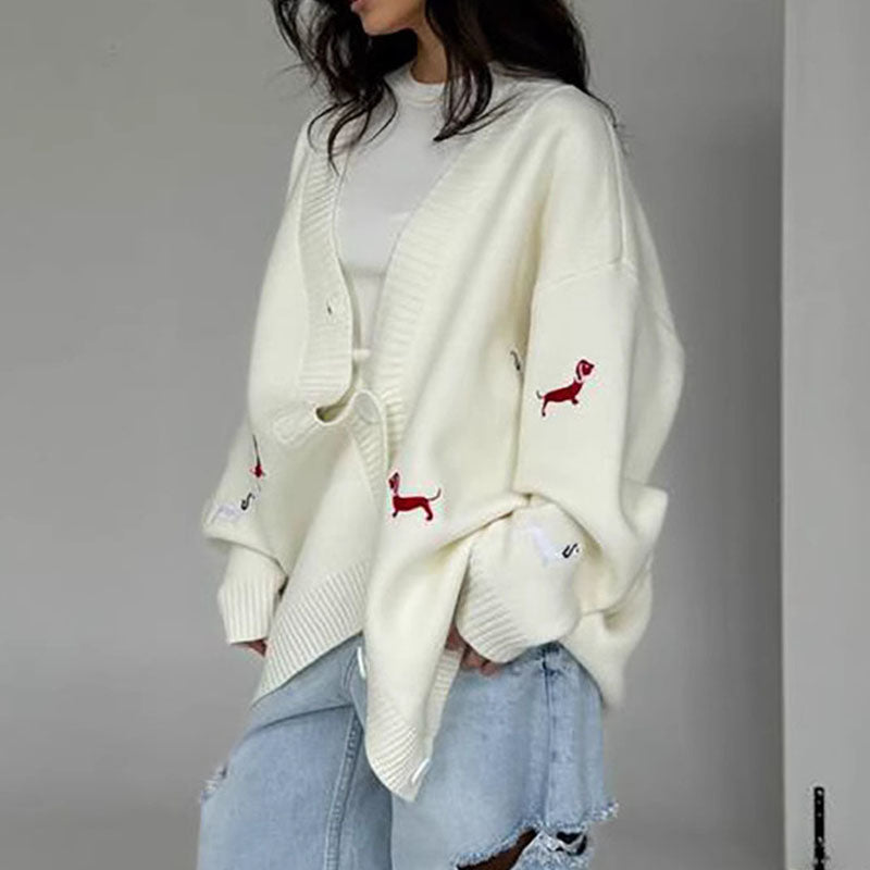 Cute Animal Embroidery V-Neck Oversized Cardigan
