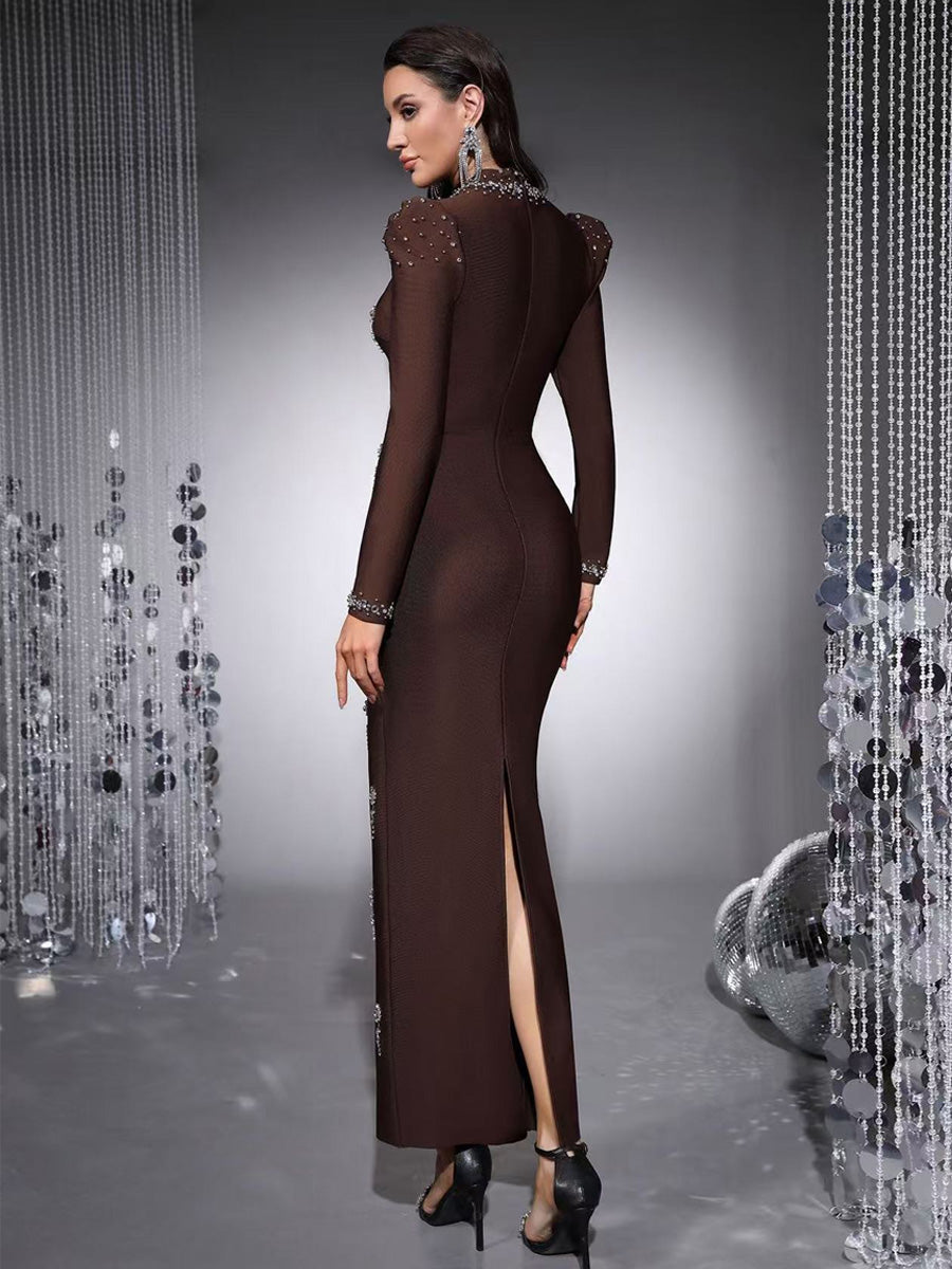 Brielle Sequined Long-Sleeve Bandage Maxi Dress