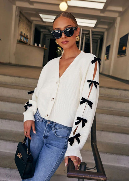 V Neck Knit Cardigan With Bow Accents