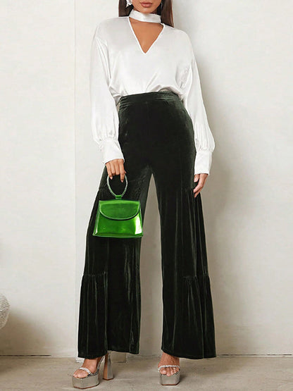 Solid Color Look-Thin Ruffled Wide Leg Pants