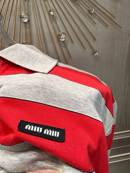 Miumiu 2026 Striped Polo Shirt Red and Grey Cotton